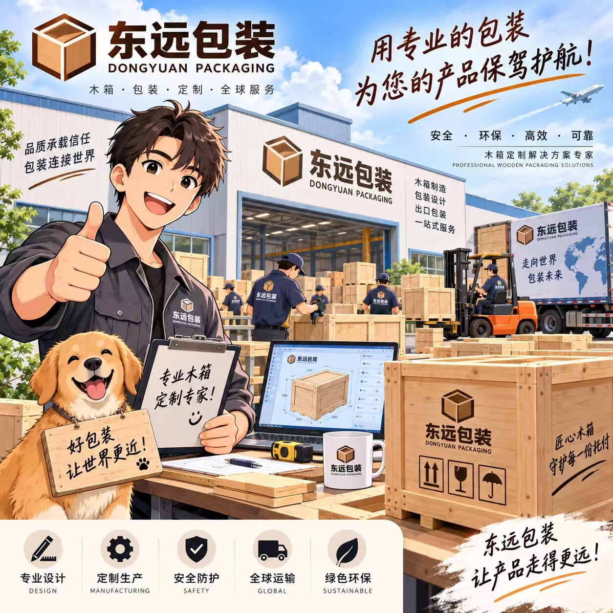 东远包装品牌宣传插画：木箱定制、包装设计与生产场景